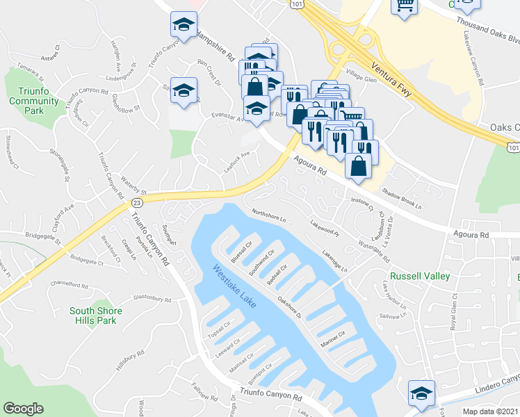 map of restaurants, bars, coffee shops, grocery stores, and more near 2565 Northshore Lane in Westlake Village