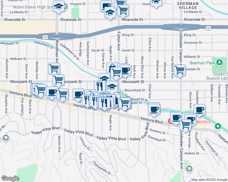 map of restaurants, bars, coffee shops, grocery stores, and more near 13308 Valleyheart Drive in Los Angeles