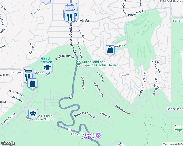 map of restaurants, bars, coffee shops, grocery stores, and more near 21701 Mulholland Drive in Los Angeles