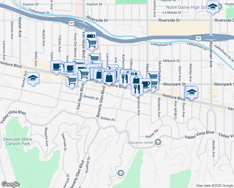 map of restaurants, bars, coffee shops, grocery stores, and more near 14275 Dickens Street in Los Angeles