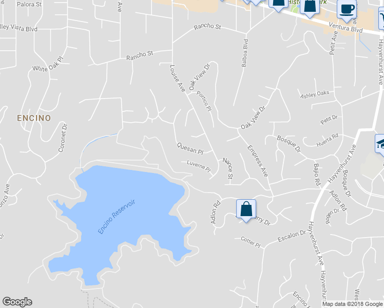 map of restaurants, bars, coffee shops, grocery stores, and more near 17232 Quesan Place in Los Angeles