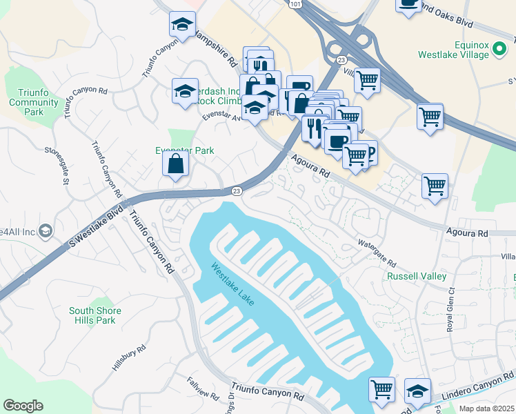 map of restaurants, bars, coffee shops, grocery stores, and more near 2565 Northshore Lane in Westlake Village