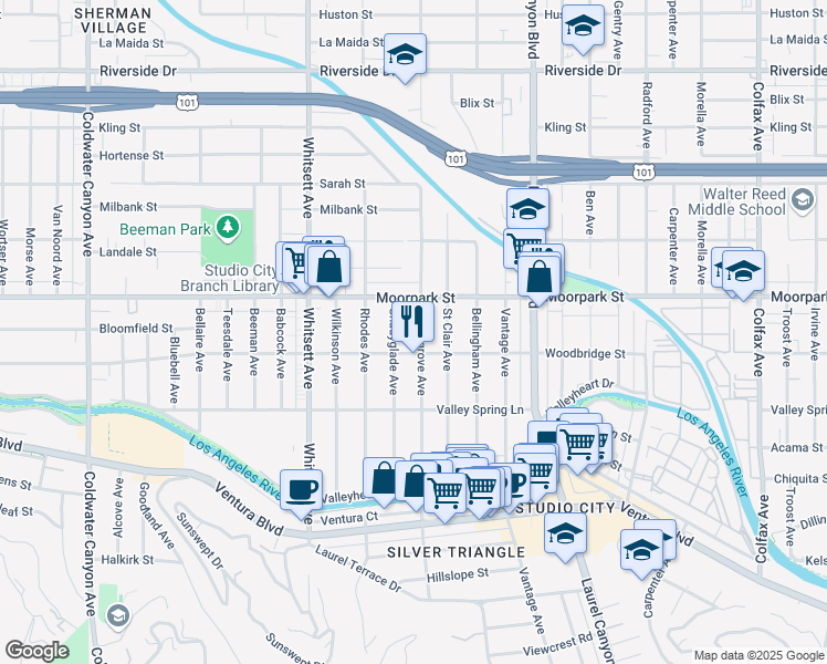 map of restaurants, bars, coffee shops, grocery stores, and more near 4323 Laurelgrove Avenue in Los Angeles