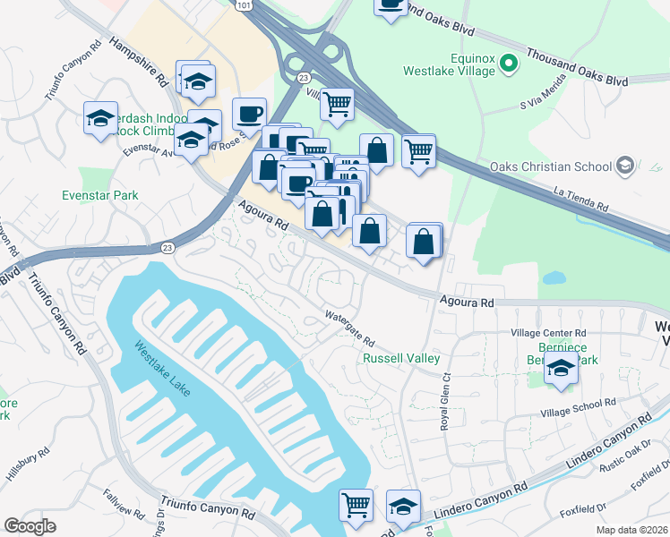 map of restaurants, bars, coffee shops, grocery stores, and more near 2885 Instone Court in Westlake Village
