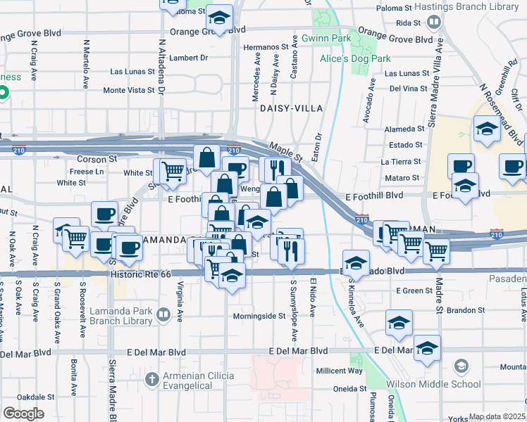 map of restaurants, bars, coffee shops, grocery stores, and more near 2830 East Foothill Boulevard in Pasadena