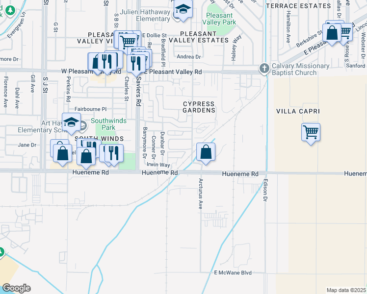 map of restaurants, bars, coffee shops, grocery stores, and more near 5705 Cypress Trailer Park Road in Oxnard
