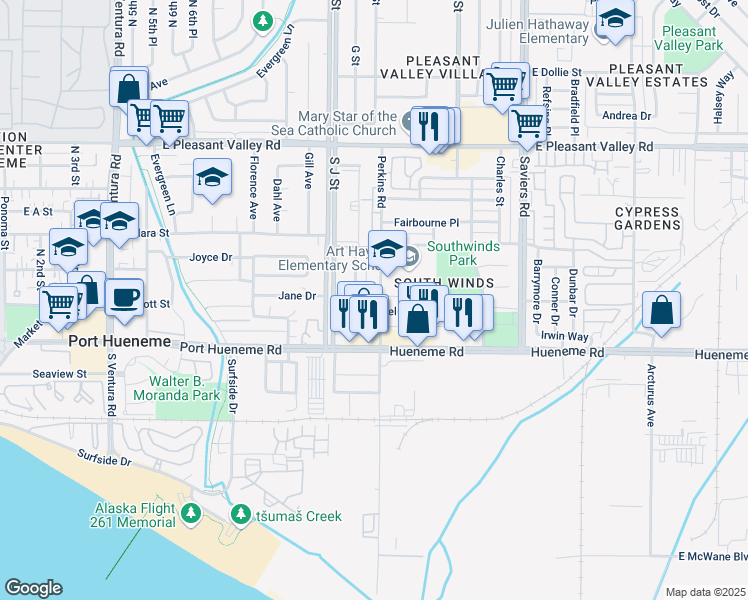 map of restaurants, bars, coffee shops, grocery stores, and more near 631 Cuesta Del Mar Drive in Oxnard