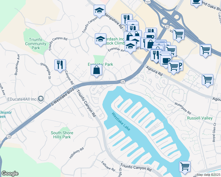 map of restaurants, bars, coffee shops, grocery stores, and more near 1202 South Westlake Boulevard in Westlake Village