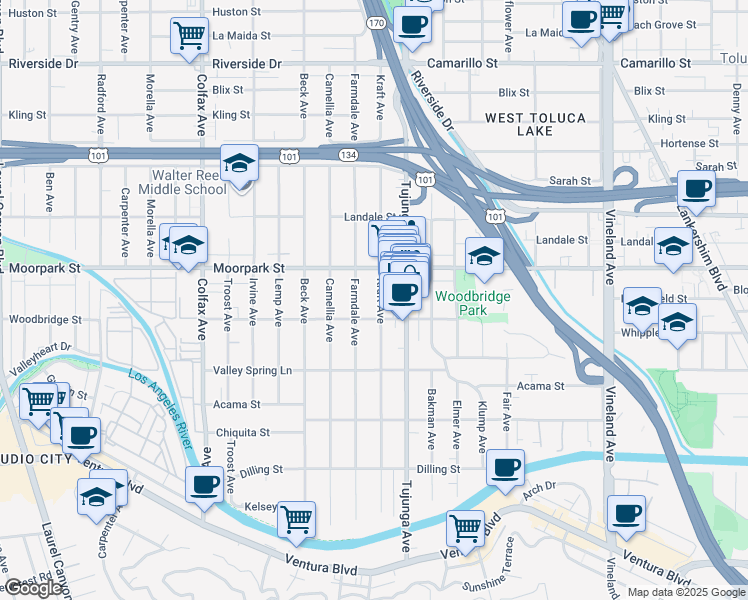 map of restaurants, bars, coffee shops, grocery stores, and more near 4365 Kraft Avenue in Los Angeles