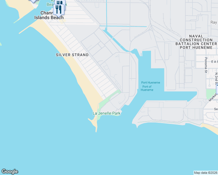 map of restaurants, bars, coffee shops, grocery stores, and more near 136 Los Angeles Avenue in Oxnard