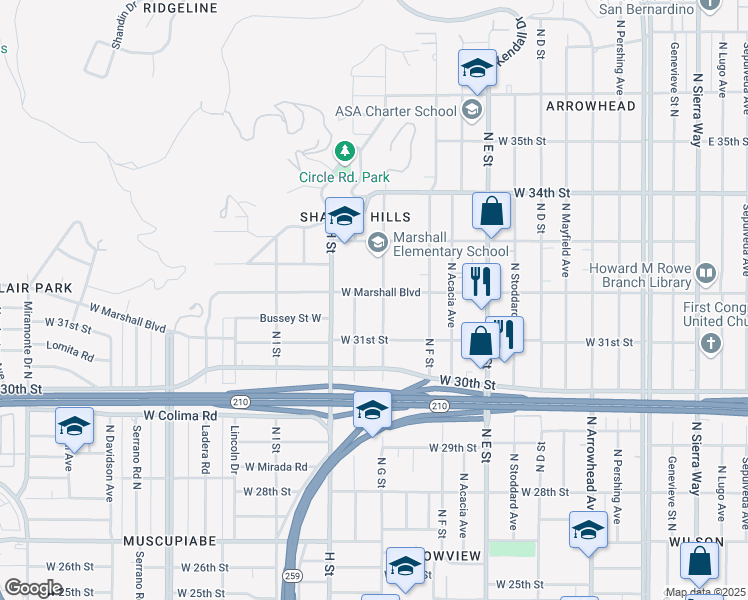 map of restaurants, bars, coffee shops, grocery stores, and more near 719 West Marshall Boulevard in San Bernardino