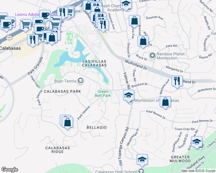 map of restaurants, bars, coffee shops, grocery stores, and more near 4410 Park Jazmin in Calabasas