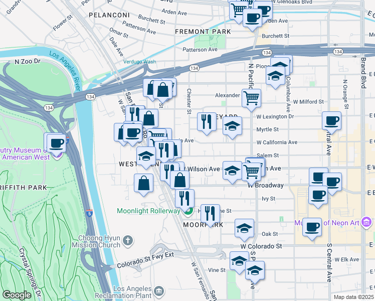 map of restaurants, bars, coffee shops, grocery stores, and more near 711 Salem Street in Glendale