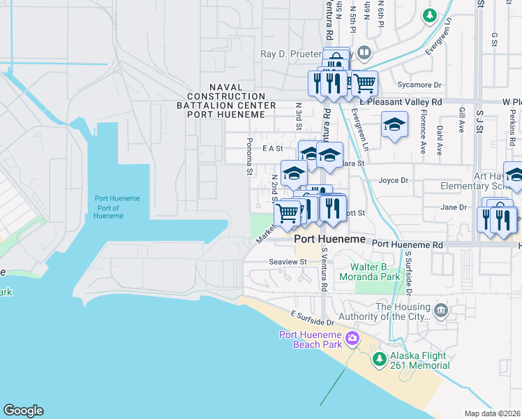 map of restaurants, bars, coffee shops, grocery stores, and more near 137 East Scott Street in Port Hueneme