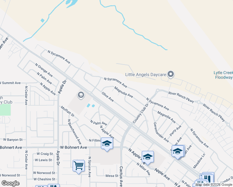map of restaurants, bars, coffee shops, grocery stores, and more near 5757 Chelsea Court in Rialto