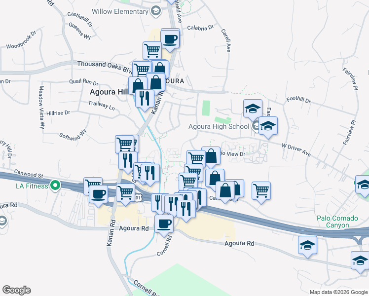 map of restaurants, bars, coffee shops, grocery stores, and more near 28882 Conejo View Drive in Agoura Hills