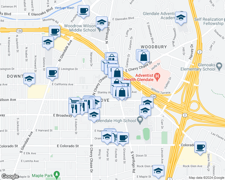 map of restaurants, bars, coffee shops, grocery stores, and more near 1319 Stanley Avenue in Glendale