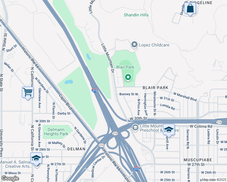 map of restaurants, bars, coffee shops, grocery stores, and more near 3188 Little Mountain Drive in San Bernardino