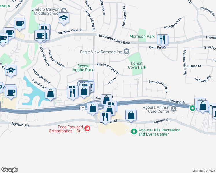 map of restaurants, bars, coffee shops, grocery stores, and more near 30117 Leticia Court in Agoura Hills