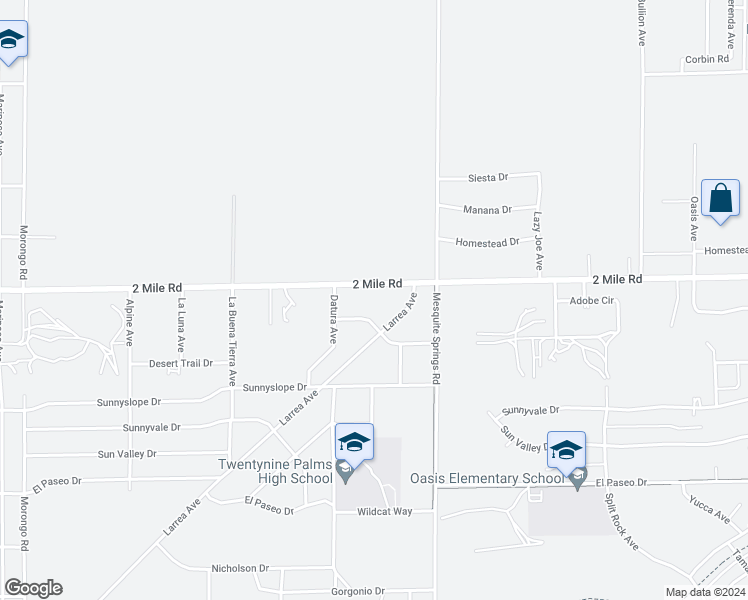 map of restaurants, bars, coffee shops, grocery stores, and more near 72757 2 Mile Road in Twentynine Palms