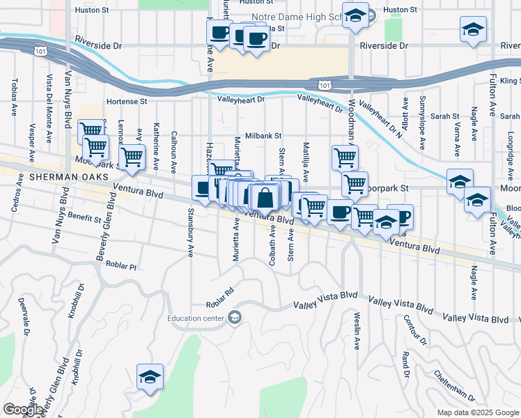 map of restaurants, bars, coffee shops, grocery stores, and more near 4206 Costello Avenue in Los Angeles