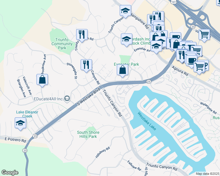 map of restaurants, bars, coffee shops, grocery stores, and more near 1240 South Westlake Boulevard in Westlake Village