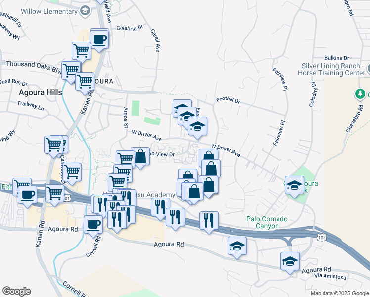 map of restaurants, bars, coffee shops, grocery stores, and more near 28505 Conejo View Drive in Agoura Hills