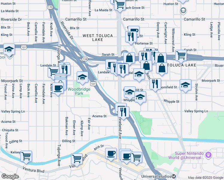 map of restaurants, bars, coffee shops, grocery stores, and more near 11032 Moorpark Street in Los Angeles