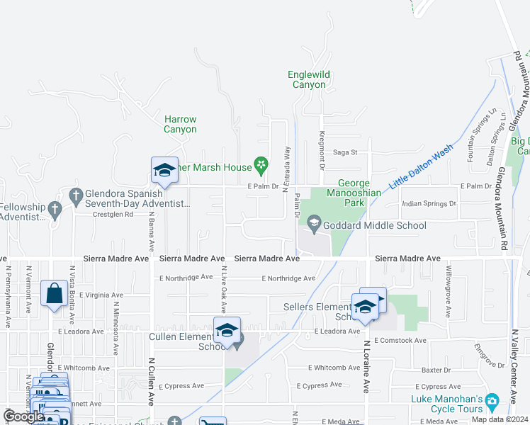 map of restaurants, bars, coffee shops, grocery stores, and more near 820 North Verano Drive in Glendora