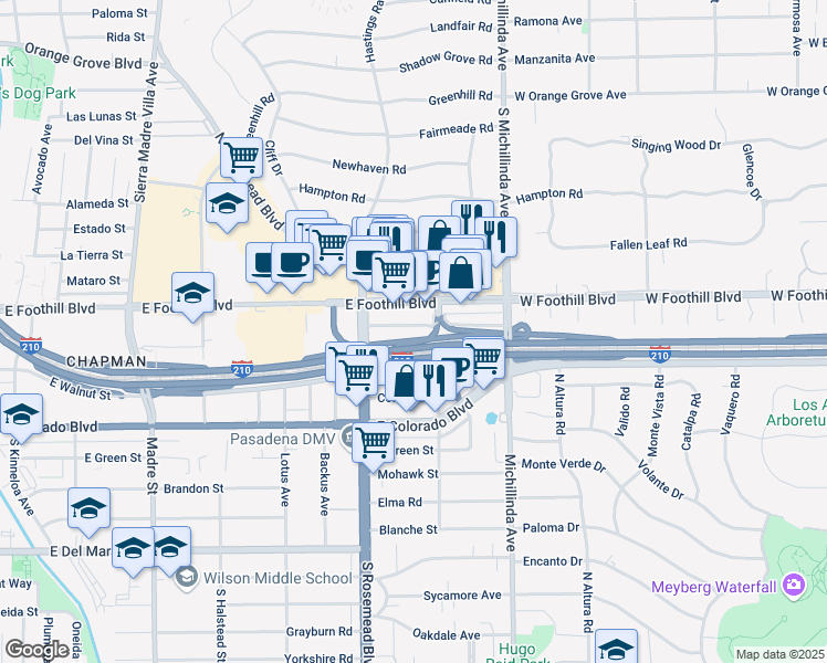 map of restaurants, bars, coffee shops, grocery stores, and more near 3766 Arboleda Street in Pasadena