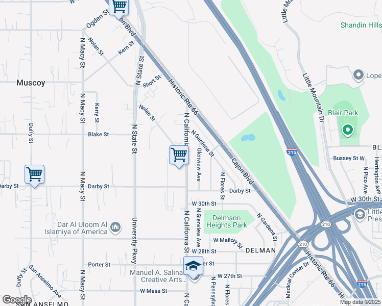 map of restaurants, bars, coffee shops, grocery stores, and more near 3129 North California Street in San Bernardino