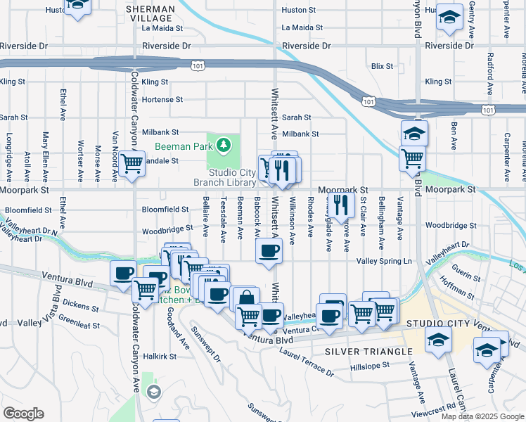 map of restaurants, bars, coffee shops, grocery stores, and more near 4326 Babcock Avenue in Los Angeles