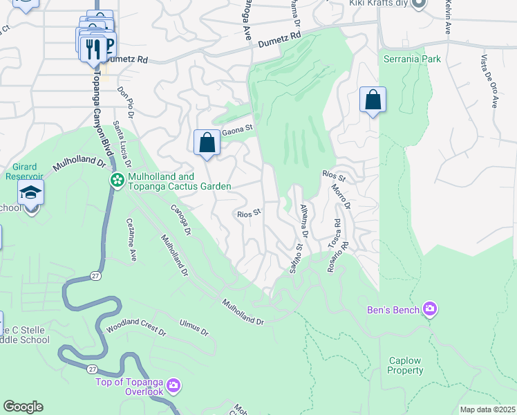 map of restaurants, bars, coffee shops, grocery stores, and more near 21407 Rios Street in Los Angeles