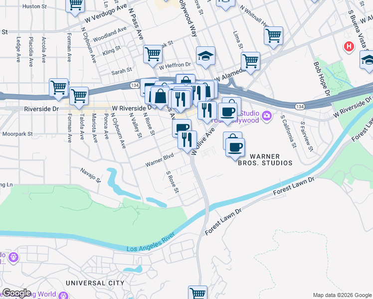 map of restaurants, bars, coffee shops, grocery stores, and more near North Pass Avenue & Warner Boulevard in Burbank