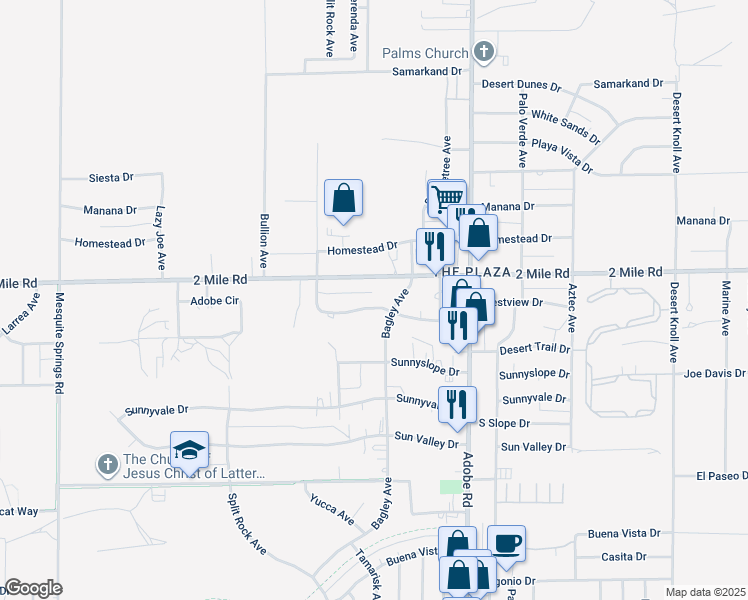 map of restaurants, bars, coffee shops, grocery stores, and more near 73502 Desert Trail Drive in Twentynine Palms