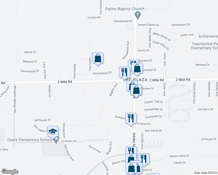 map of restaurants, bars, coffee shops, grocery stores, and more near 5778 Bagley Avenue in Twentynine Palms
