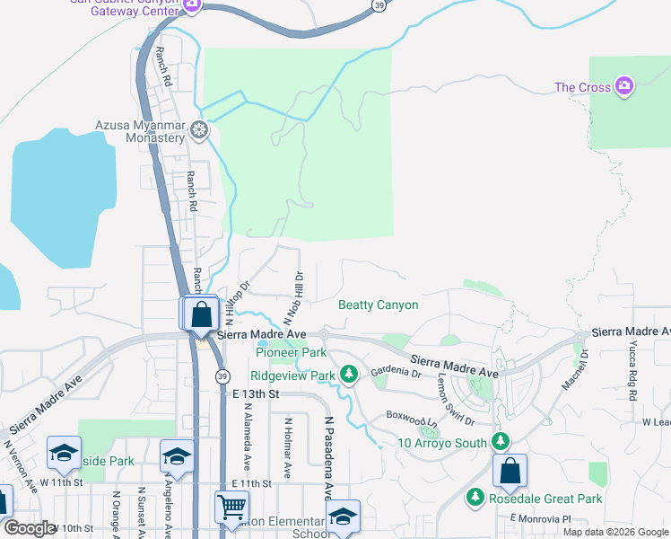 map of restaurants, bars, coffee shops, grocery stores, and more near 520 Viewcrest Drive in Azusa