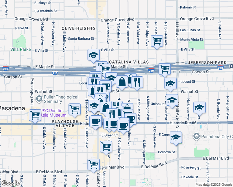 map of restaurants, bars, coffee shops, grocery stores, and more near 173 North Catalina Avenue in Pasadena