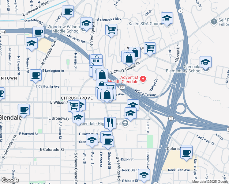 map of restaurants, bars, coffee shops, grocery stores, and more near 1431 Stanley Avenue in Glendale