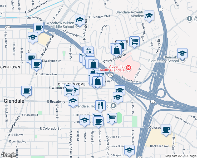 map of restaurants, bars, coffee shops, grocery stores, and more near 1431 Stanley Avenue in Glendale