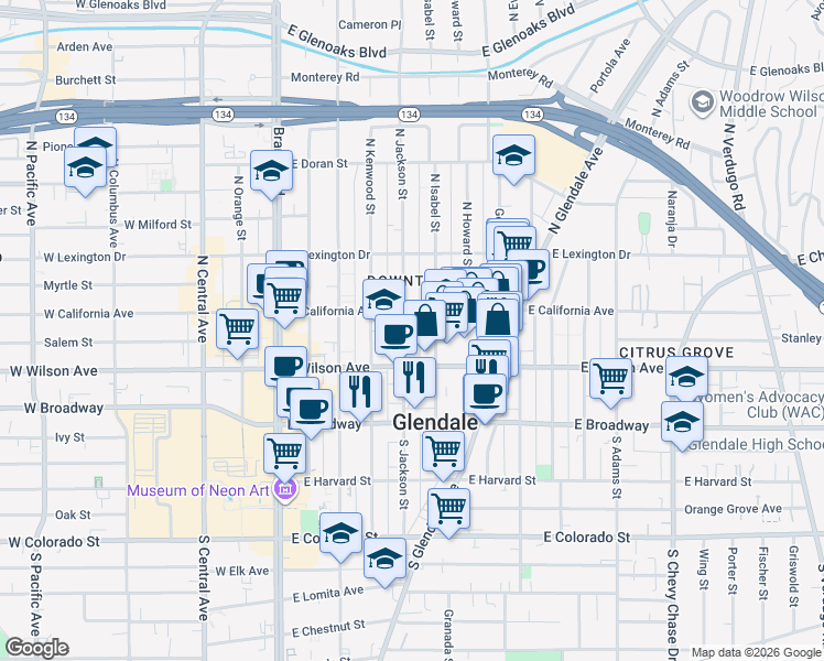 map of restaurants, bars, coffee shops, grocery stores, and more near 225 North Isabel Street in Glendale