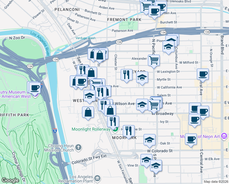 map of restaurants, bars, coffee shops, grocery stores, and more near 711 Salem Street in Glendale