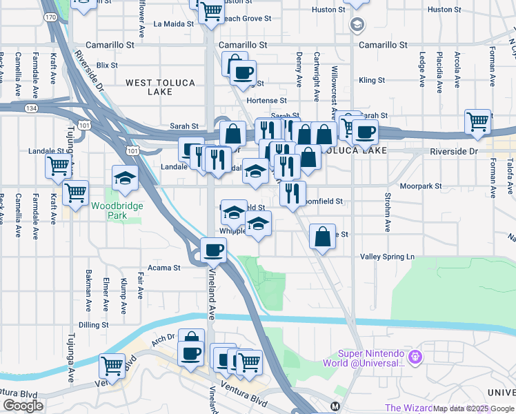 map of restaurants, bars, coffee shops, grocery stores, and more near 10878 Bloomfield Street in Los Angeles