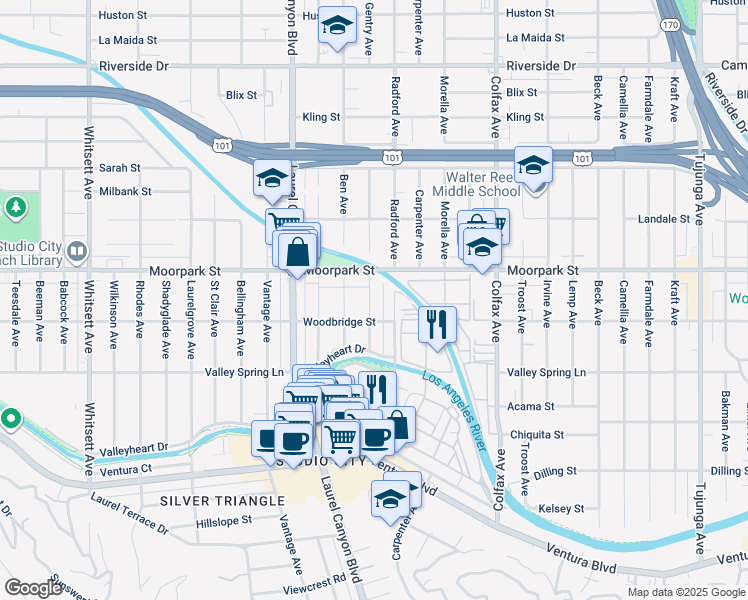map of restaurants, bars, coffee shops, grocery stores, and more near 4313 Gentry Avenue in Los Angeles