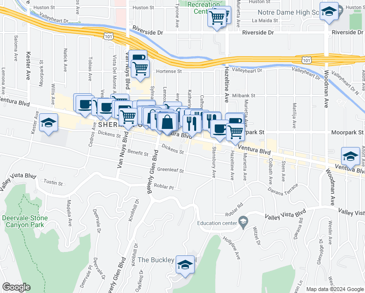 map of restaurants, bars, coffee shops, grocery stores, and more near 14275 Dickens Street in Los Angeles