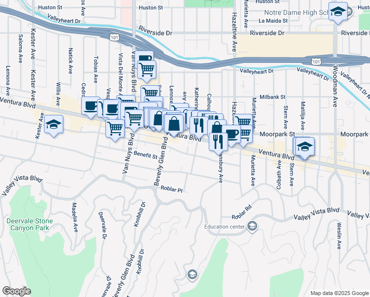 map of restaurants, bars, coffee shops, grocery stores, and more near 14275 Dickens Street in Los Angeles