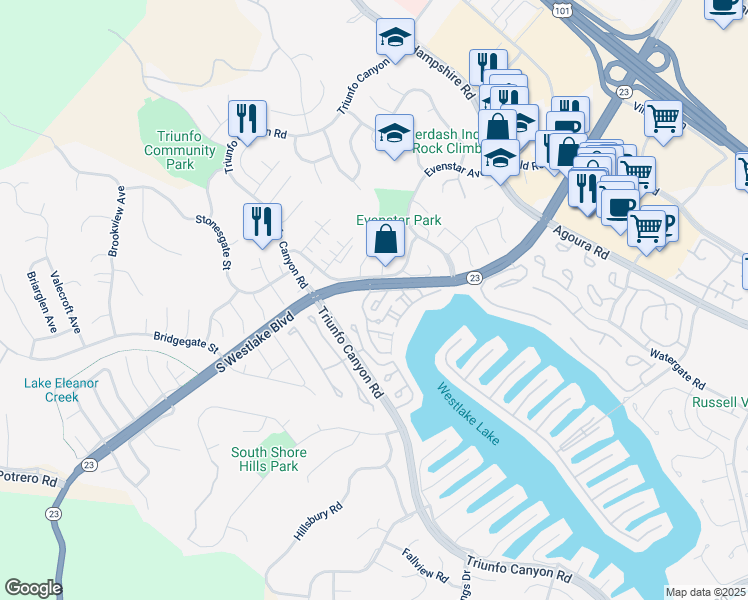 map of restaurants, bars, coffee shops, grocery stores, and more near 1176 South Westlake Boulevard in Westlake Village