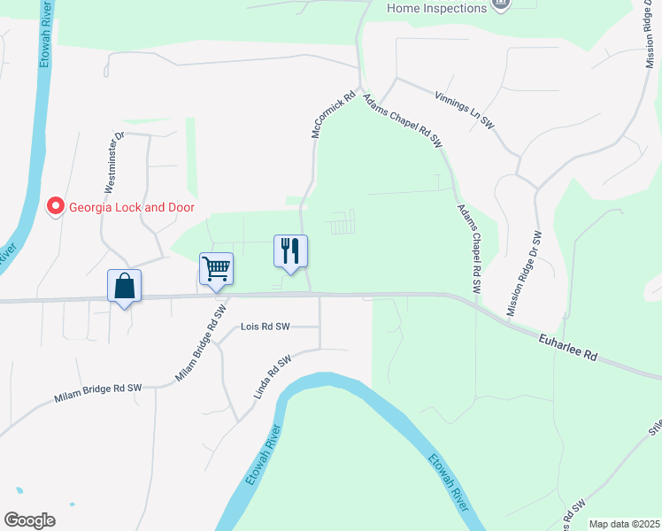 map of restaurants, bars, coffee shops, grocery stores, and more near 780 Euharlee Road Southwest in Euharlee