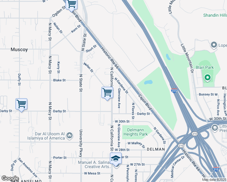 map of restaurants, bars, coffee shops, grocery stores, and more near 3129 North California Street in San Bernardino