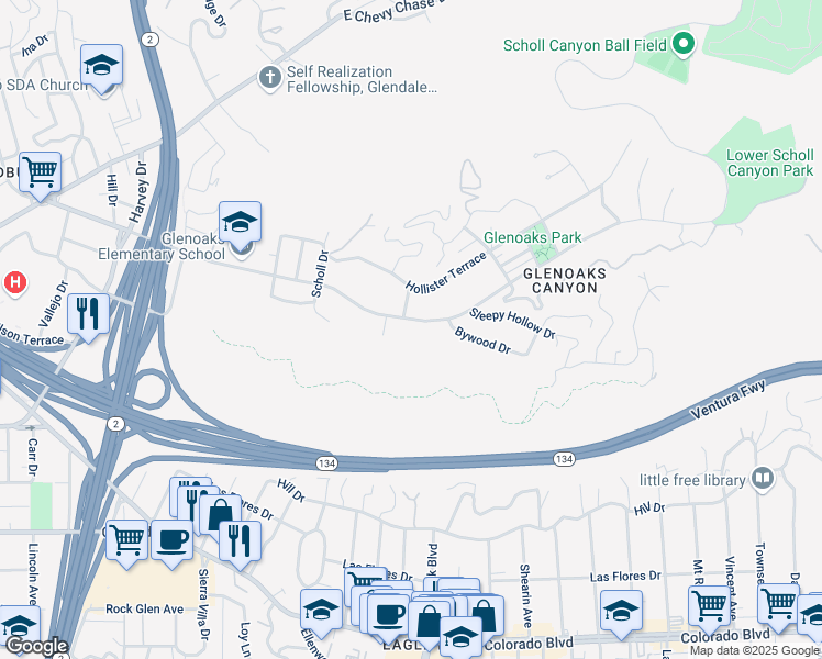 map of restaurants, bars, coffee shops, grocery stores, and more near 2320 Blackmore Drive in Glendale